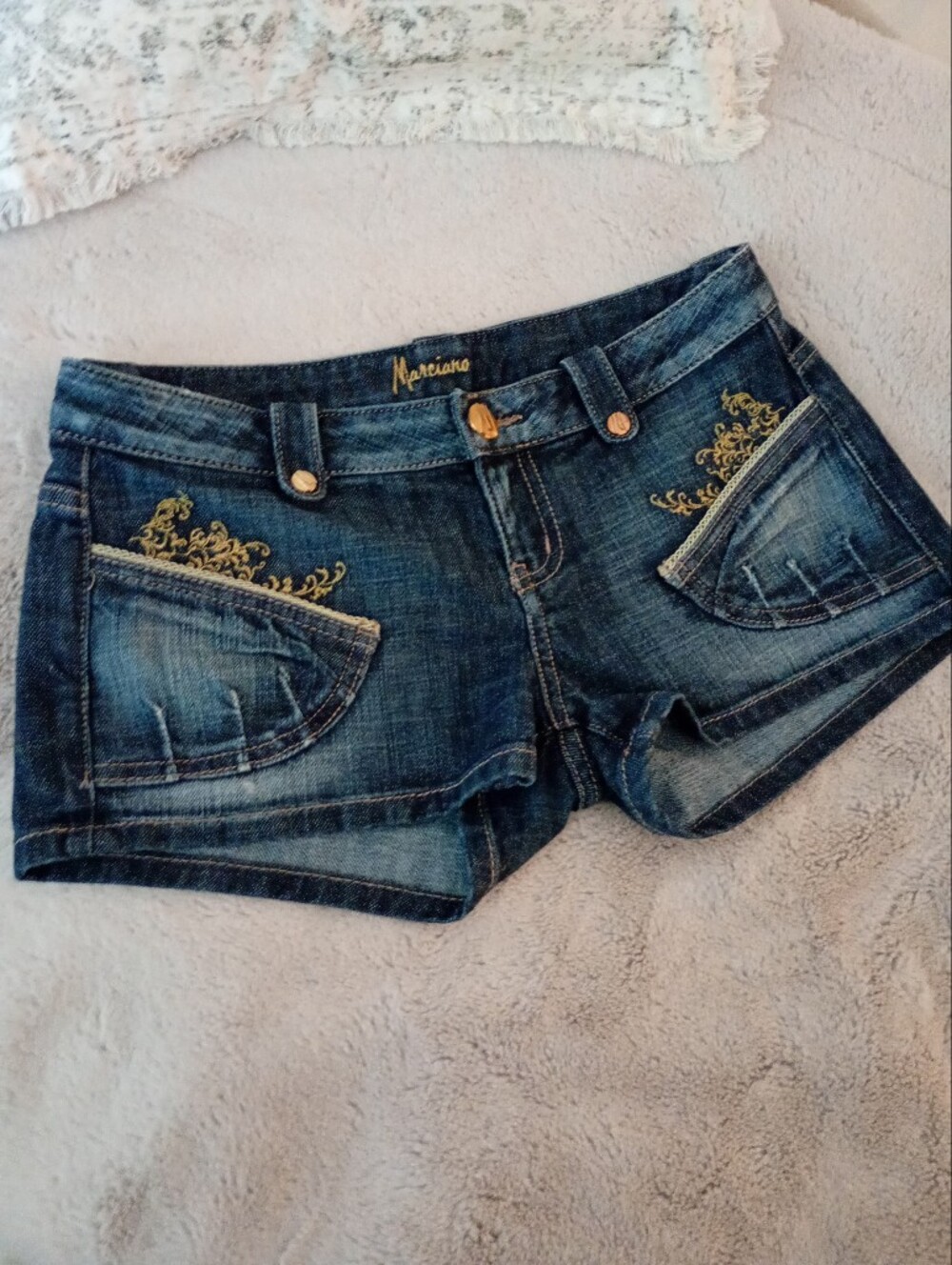 Marciano | Indigo Y2K Denim Short Shorts with Gold Embroidered Pockets | 25W